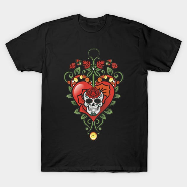 Mexican Pride Skull Heart & Rose Graphic Art T-Shirt by tamdevo1